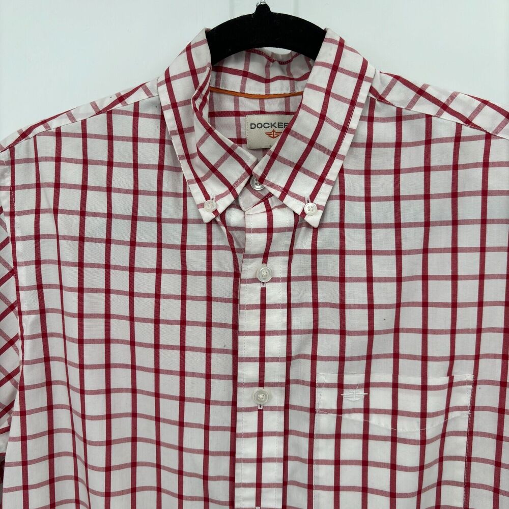 Dockers Mens Red White Plaid Button Down Shirt Medium Long Sleeve Classic Preppy - Picture 3 of 9